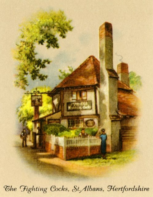 Illustration of the exterior of Ye Olde Fighting Cocks