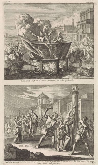 Two illustrations, one showing death by boiling and the other showing a man being whipped while tied to a wooden pole