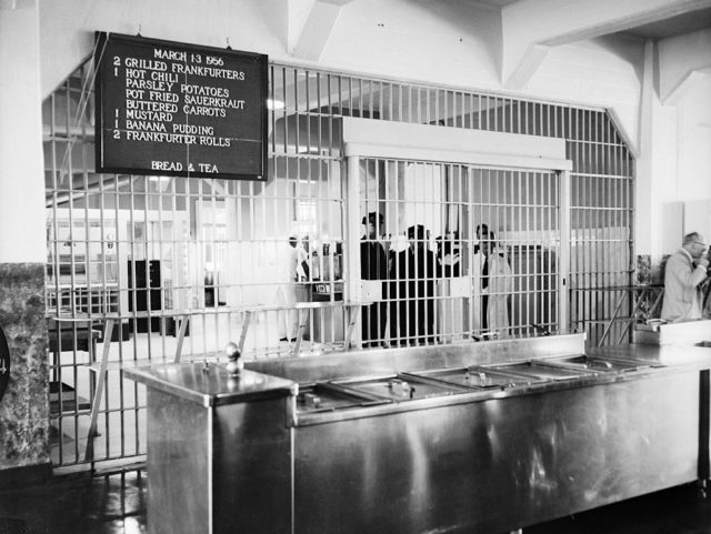 Shown here is the kitchen area of the Alcatraz prison with the daily menu posted. (Photo Credit: Bettmann / Contributor)