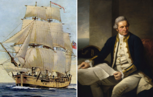 HMS Endeavour at sea + Portrait of Captain James Cook
