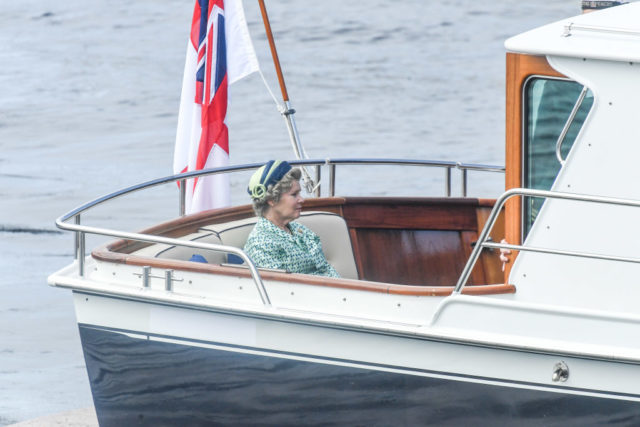 Imelda Staunton on a boat filming the crown