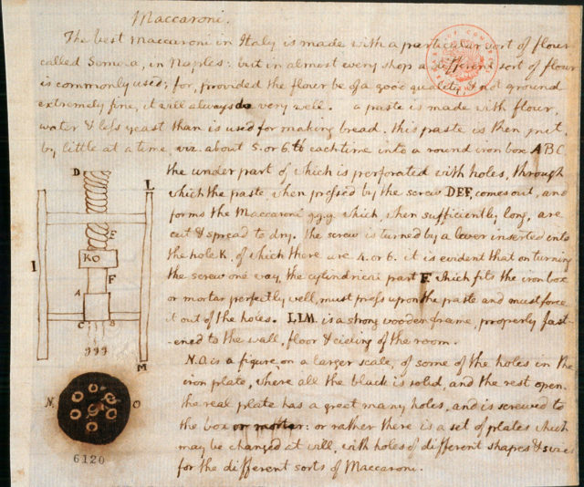 Thomas Jeffersons drawing of a macaroni machine