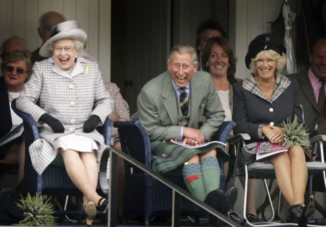 The Queen, Prince Charles and Camilla laughing 
