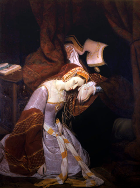 Painting of Anne Boleyn resting her head on another woman's knee