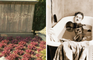 Chaplin's grave, left, and the actor in a bathtub