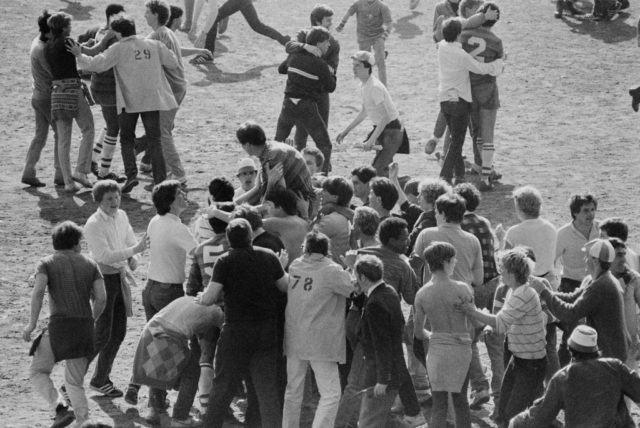 Brawl on the soccer pitch during a match between Chelsea and Leeds Untied, 1984