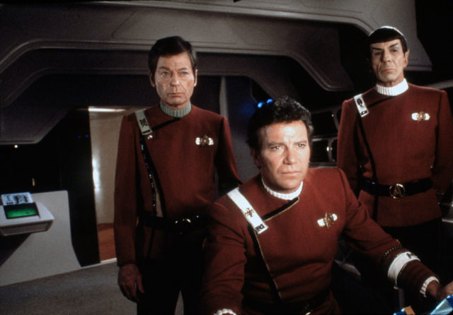 DeForest Kelley, Leonard Nimoy and Canadian William Shatner in a scene 