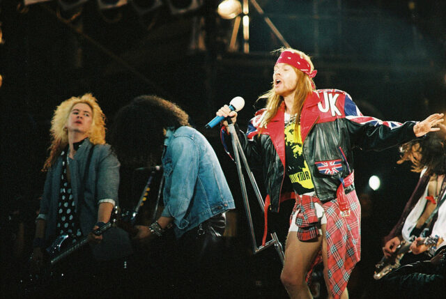 Guns N'Roses perform on stage at Wembley Stadium on April 20th, 1992
