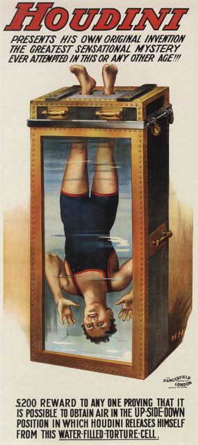 advertisement depicting Harry Houdini's 'Chinese Water Torture Cell"