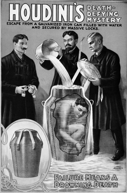 Advertisement depicting Houdini's Milk Can trick 