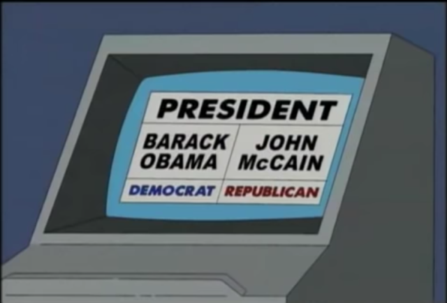 2008 Simpsons episode showing a voting machine 