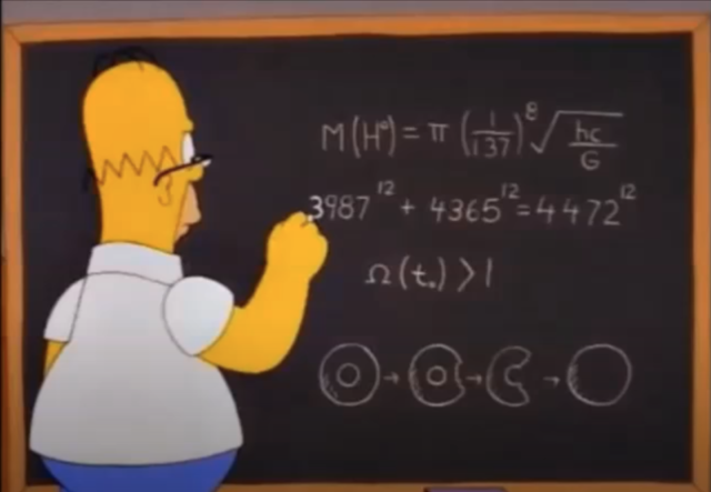Homer Simpson doing an equation at the chalk board 