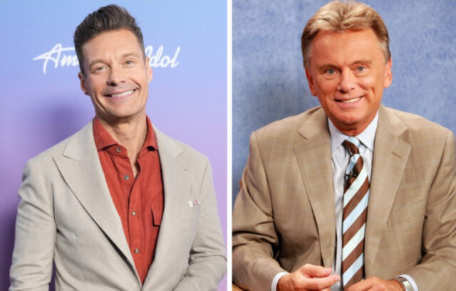 Ryan Seacrest, left, and Pat Sajak on the right wearing similar suit jackets