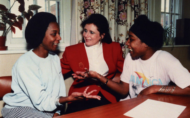 June and Jennifer Gibbons - the Silent Twins - sitting with Marjorie Wallace