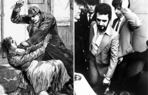 Sketch of Jack the Ripper attacking a woman + Peter Sutcliffe walking through a crowd of people