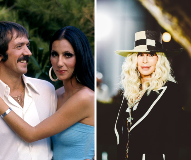 Left: Cher and Sonny Bono pose together for The Sonny and Cher Show in 1970. Right: Cher attends opening gala at the Academy Museum of Motion Pictures in 2021. 