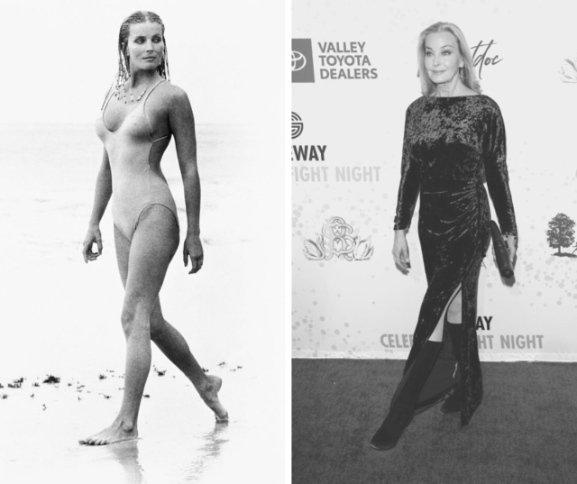 Left: Bo Derek walks along the beach in a swimsuit for 1979 movie "10". Right: Bo Derek attends an event in March, 2022. 