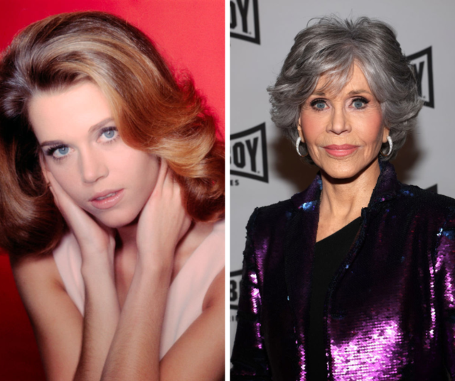 Left: Jane Fonda poses against a red backdrop for a late 60's, early 70's portrait. Right: Jane Fonda attending an event in March, 2022. 