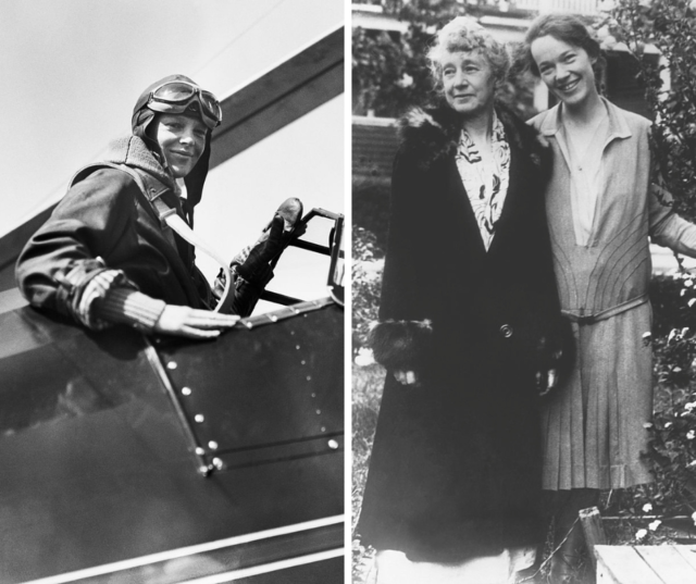Left: Amelia Earhart in the cockpit of her airplane. Right: Amelia Earhart's mother Amy and sister Muriel stand side by side.