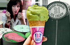 Woman eating ice cream + Ice cream cone + Baskin Robbins logo