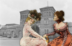 Entrance to Broadmoor Hospital + Drawing of two Victorian Era women