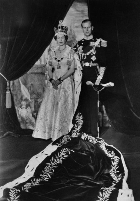 The newly minted Queen poses with Prince Philip following the coronation ceremony in 1953