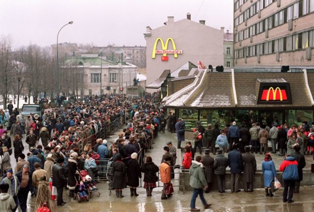 A huge line of people wait to enter the first McDonald's in the Soviet Union on opening day in 1990.