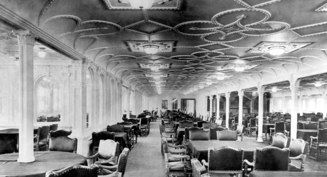 A photograph of the opulent first class dining room aboard the Titanic.