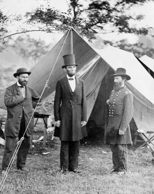 PresidentAbraham Lincoln and Allan Pinkerton in front of a tent