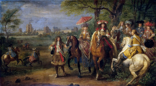 Louis XIV and Marie Therese are seen in a field surrounded by men and women on horseback