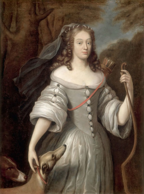 Louise, Duchess of La Vallière, with a hunting dog and a bow and arrows