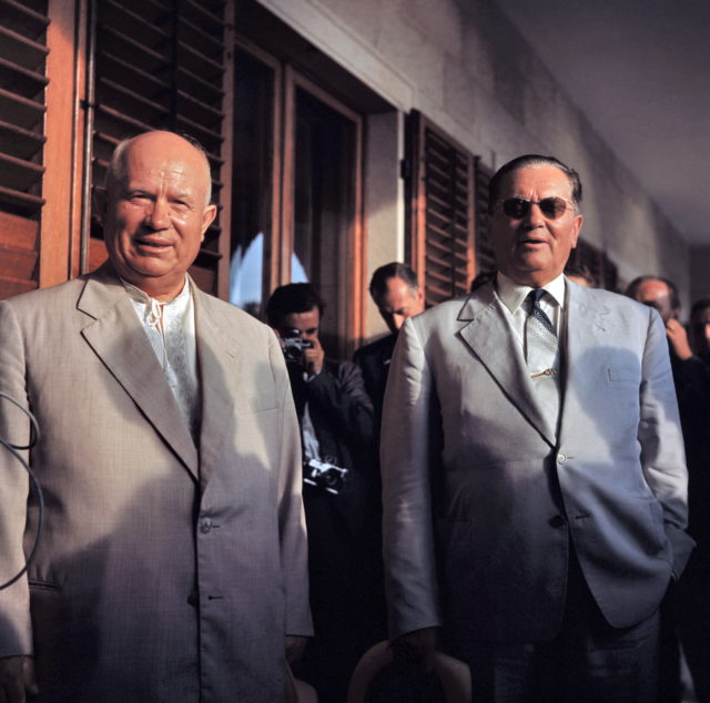 Nikita Khrushchev standing with Josip Broz Tito