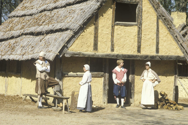 Participants in historical costume at the Jamestown settlement 