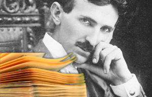 Portrait of Nikola Tesla + Pile of paper