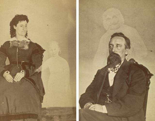 Left: A portrait of a woman in Victorian dress with a ghostly little girl beside her. Right: A man in Victorian clothing photographed with a ghostly old woman standing over his shoulder. 