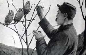 Painting of a soldier feeding three owls