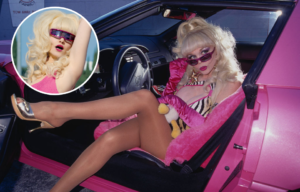 Angelyne sitting in a pink Corvette + Emmy Rossum as Angelyne in 'Angelyne'