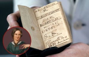 Hands holding open 'A Book of Rhymes' + Portrait of Charlotte Brontë