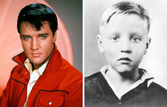 Side by side photos of elvis with black hair and as a child with blonde hair