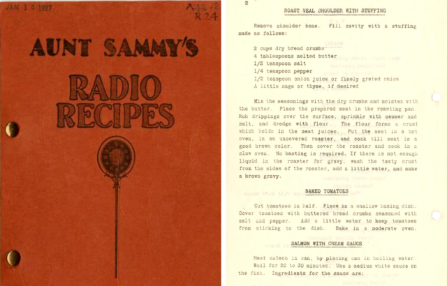 The cover and a recipe from Aunt Sammy's Radio Recipes cookbook