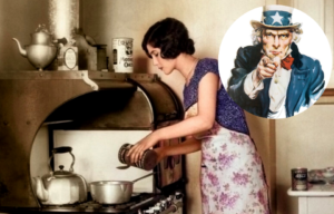 Woman standing over a stove + Uncle Sam