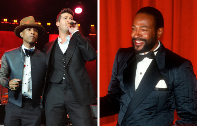 side by side images of Pharrell Williams and Robin Thicke, and Marvin Gaye
