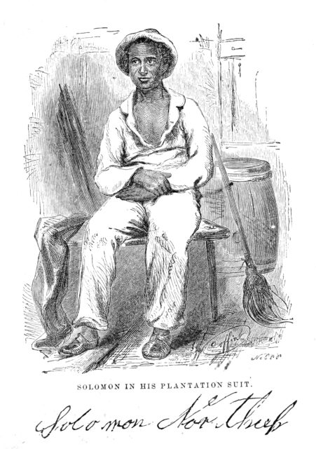 Black and white illustration of Solomon Northup, author of Twelve Years a Slave, in a plantation suit
