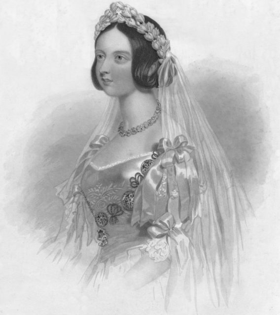 Drawing of Queen Victoria in her wedding dress and veil