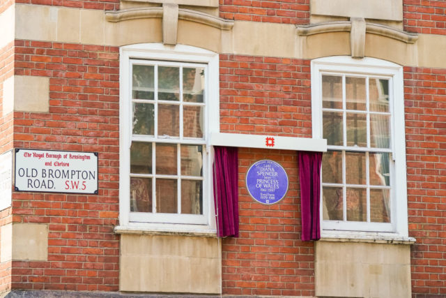 A blue plaque commemorating Princess Diana at Coleherne Court reads "Lady Diana Spencer, Princess of Wales, lived here 1979-1981"