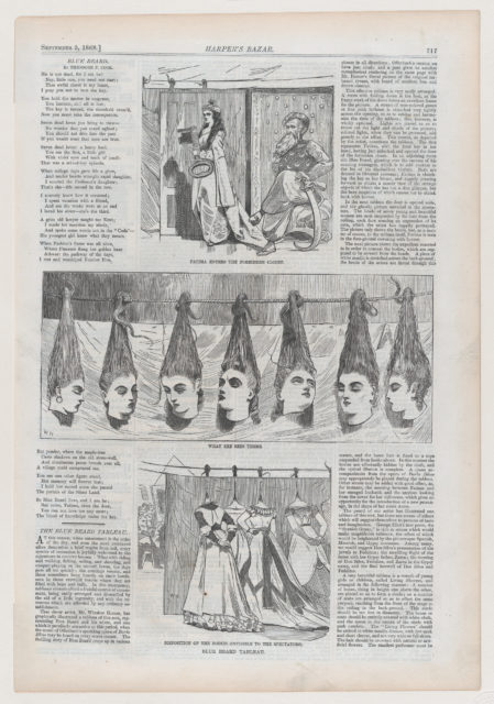 Newspaper from Harper's Bazaar 1868, outlining the fairytale of Blue Beard
