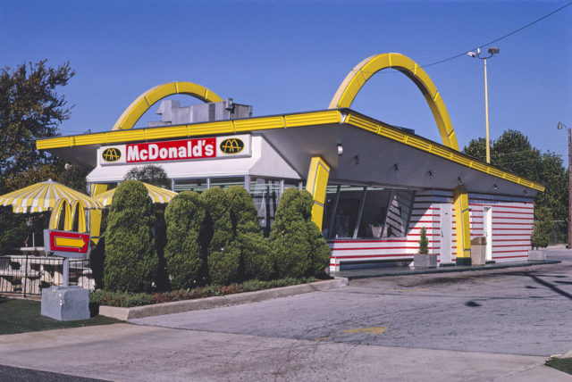 Photo of the outside of a McDonalds restaurant.