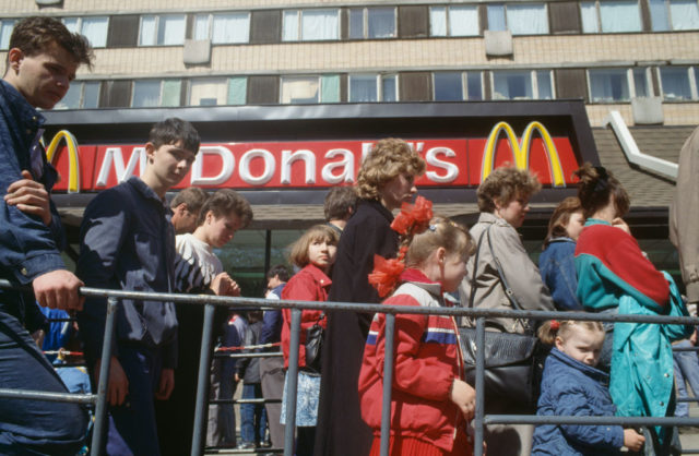 Eager customers in line outside a McDonald's restaurant