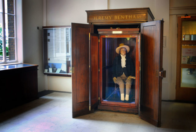 The auto icon of Jeremy Bentham on display in a hallway.
