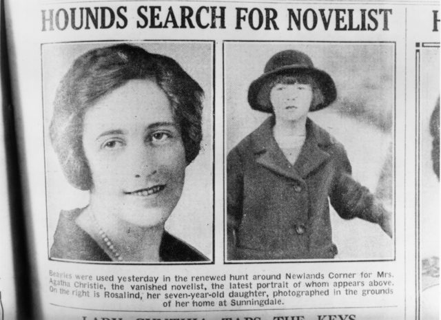 Newspaper ad outlining the disappearance of Agatha Christie, featuring a portrait of the author and her daughter
